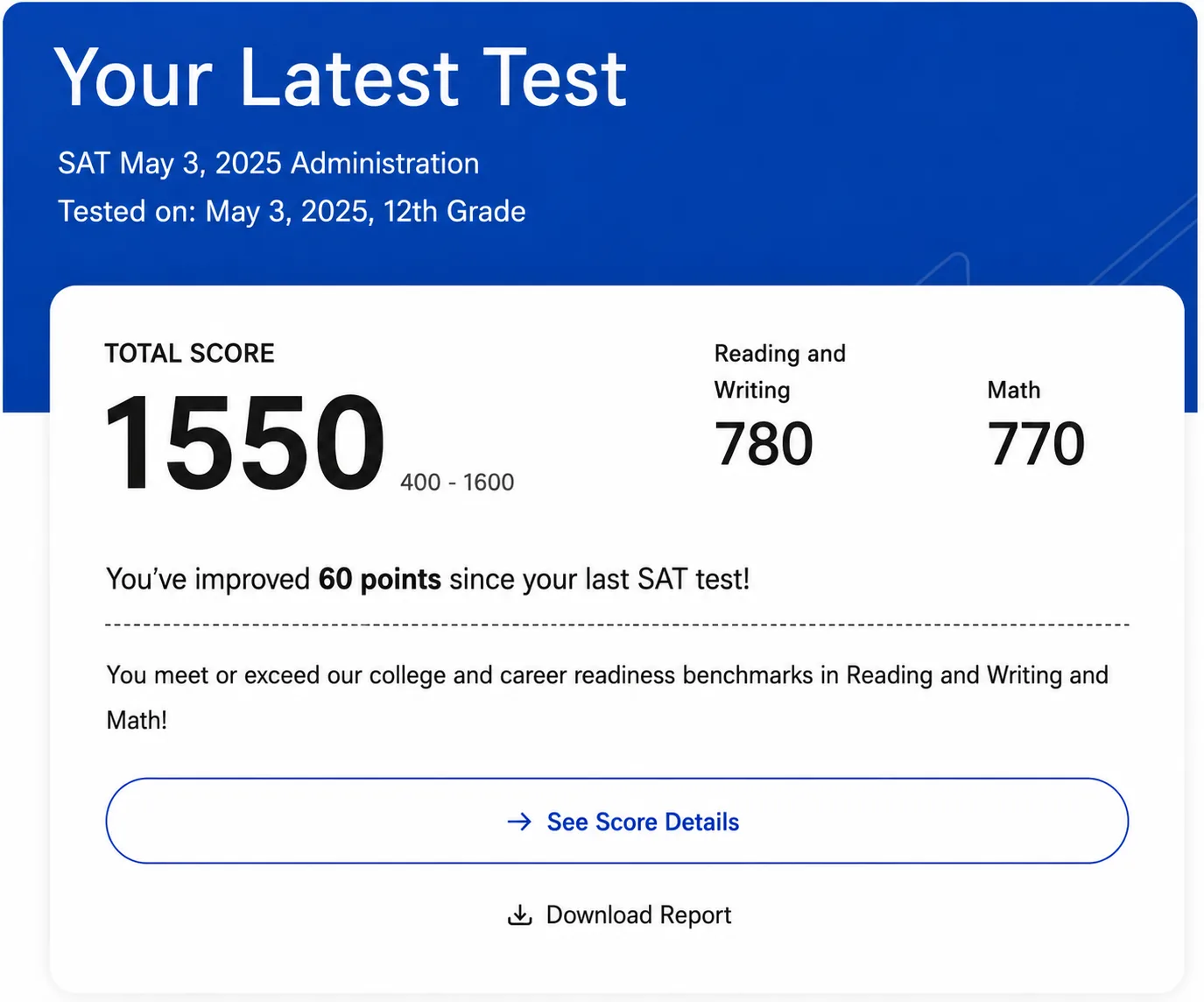 SAT score report, May 3, 2025, total 1550, Reading and Writing 780, Math 770, improved 60 points