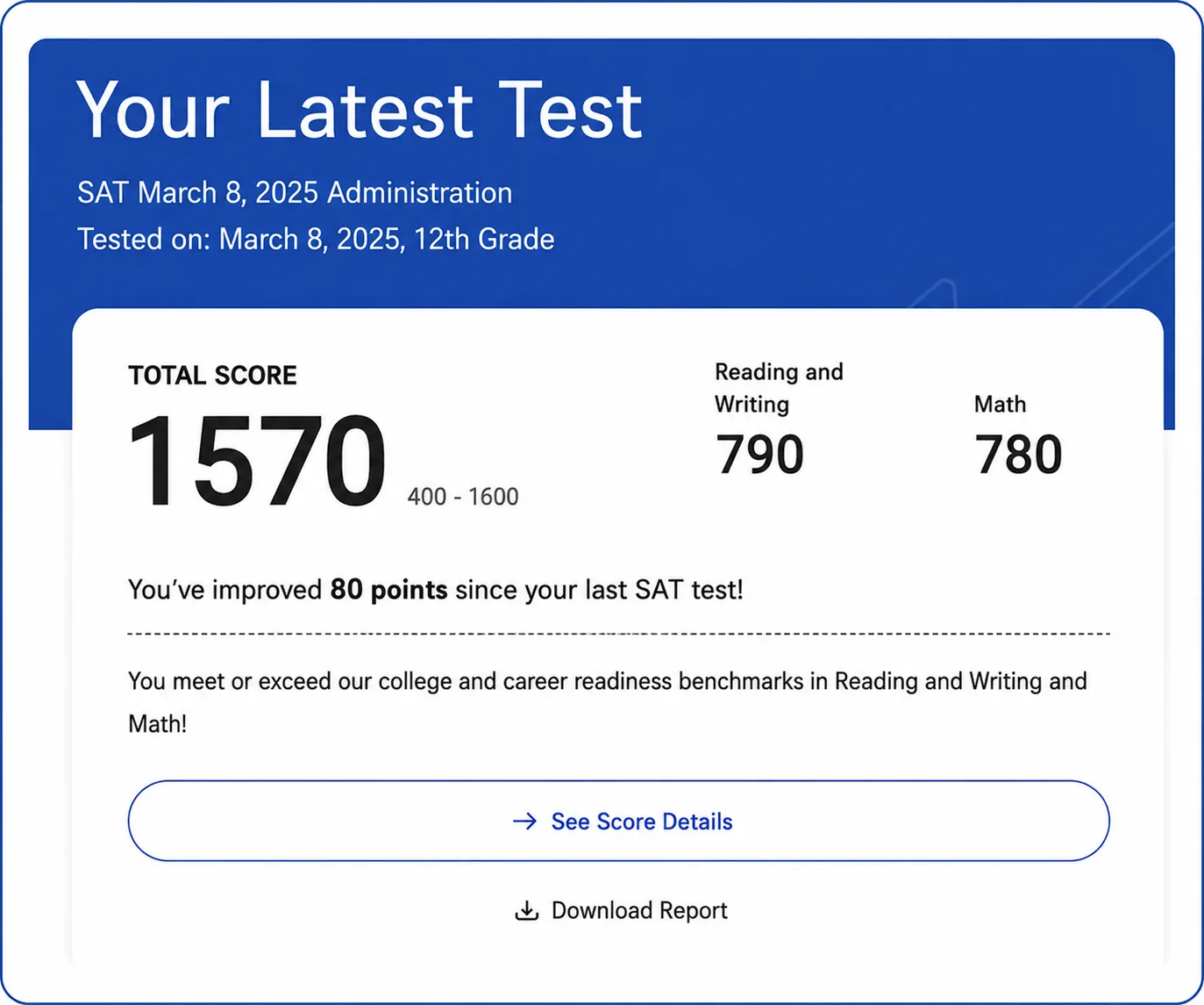 SAT score report, March 8, 2025, total 1570, Reading and Writing 790, Math 780, improved 80 points