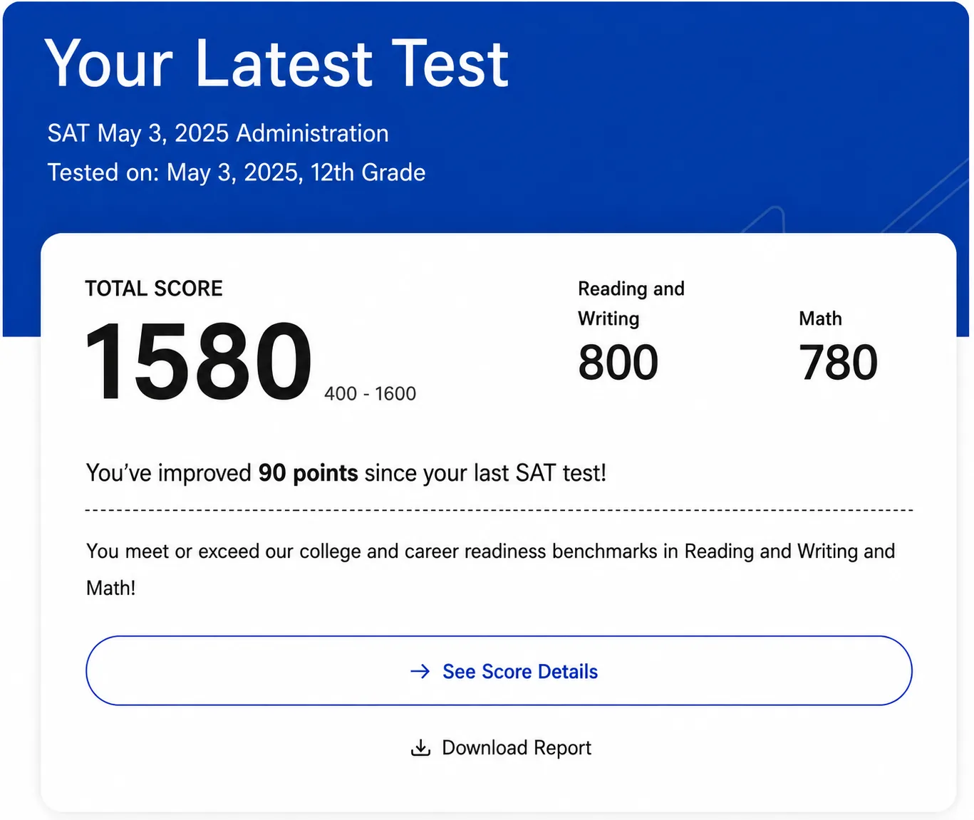 SAT score report, October 5, 2024, total 1580, Reading and Writing 790, Math 790, improved 60 points